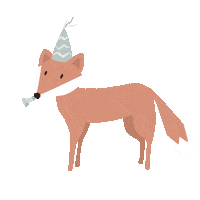 Sticker gif. Cute cartoon fox wearing a striped birthday party hat blows a noisemaker over a transparent background.