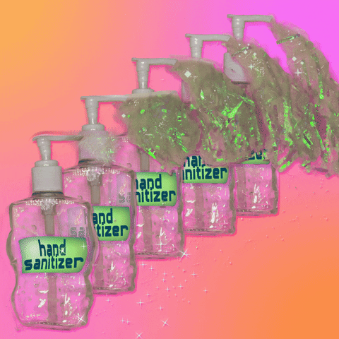 Digital art gif. Against a blended pink and orange background, five clear hand sanitizer bottles stand in a diagonal line and staggeredly pump out globs of sanitizer made out of holographic tinsel, which come along with sparkly diamond stars.
