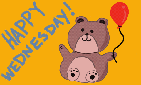 Illustrated gif. A teddy bear holding a red balloon waves. Text, "Happy Wednesday!"