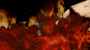 Stop motion gif. Devil is turned away from us and is looking back at a fire pit. He turns back to us and screams, using his pitchfork to point the way.