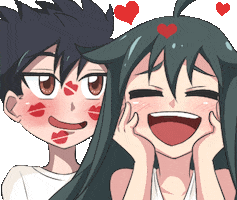 Anime gif. Smitten girl plants lipstick kisses on a smiling boy then turns around and holds her face in her hands as tiny hearts rise up above her head.