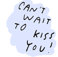 Sticker gif. Speech bubble with the words “can’t wait to kiss you!” flashes in purple and white against a transparent background as a pair of red lips appears.