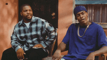 Movie gif. A scene from Friday. In front of an orange house, Ice Cube as Craig Jones and Chris Tucker as Smokey lean out of their seats in surprise, then look at each other.