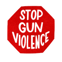 Digital art gif. Cartoon red stop sign with the words "Stop gun violence," blinking in white capital letters inside.