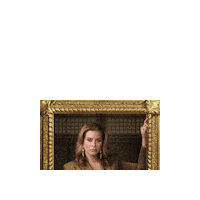Sponsored sticker gif. Gold-framed portrait of Traitors cast member Robyn Dixon slides up and down.