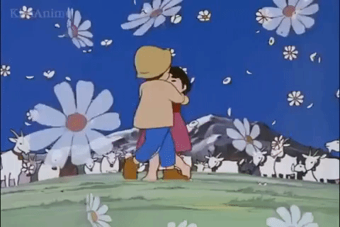 A boy and girl playing in a scenic field while flowers fall from the sky.