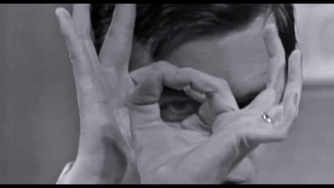 TV gif. Fred Rogers as Mr. Rogers, in black and white, makes the "ok" sign with both his hands and uses them to look through his fingers as if he were operating a telescope.