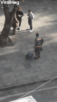 Street Sweeper Plays With Stray Kitty