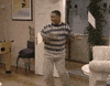 TV gif. Alfonso Ribeiro as Carlton on Fresh Prince of Bel Air dances happily. He spins around and excitedly jumps onto an end table and does a backflip into the air.