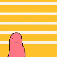 Illustrated gif. A pink pixelated figure raises its arms in excitement before being tackled by an orange figure falling on it.