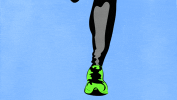 Digital art gif. A pair of legs running with green running shoes, hitting the ground firmly and methodically.