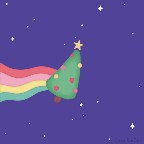 Holiday gif. Against a purple background coated with white diamond stars, an animated Christmas tree flies and leaves behind a wavy rainbow trail.