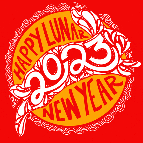 Digital art gif. Tangerine gold circle atop a vermillion background, white petals and brush marks swirl together to make the shape of a white rabbit whose fur reads "2023," surrounded by stylized text the lights up like a marquee, "Happy, lunar, new, year."