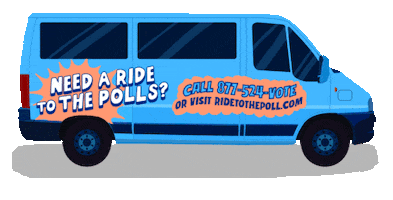 Illustrated gif. Blue van with graphic text rolling down the road. Text, "Need a ride to the polls? Call 877-524-VOTE, or visit ride to the poll dot com."