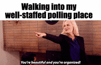Parks and Recreation gif. Proud Amy Poehler as Leslie Knope points at someone and says, “You’re beautiful and you’re organized!” Caption, “Walking into my well-staffed polling place.”