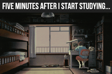 "five minutes after I start studying" (personne qui s'allonge par terre)