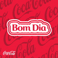 Sponsored gif. The words "bom dia" in Coca-Cola colors, red letters on a white background. Red stripes around the lettering grow and shrink. Many red Coca-Cola logos float by in the background. 