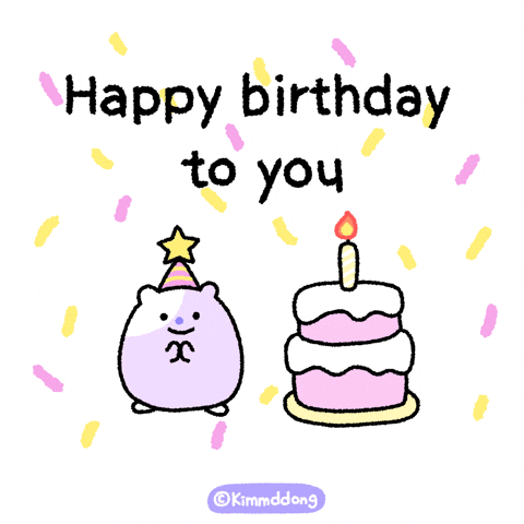 Illustrated gif. Hamster wearing a party hat smiles and claps its hands next to a pink cake with a candle on top. Pink and yellow confetti falls around them. Text, "Happy birthday to you."