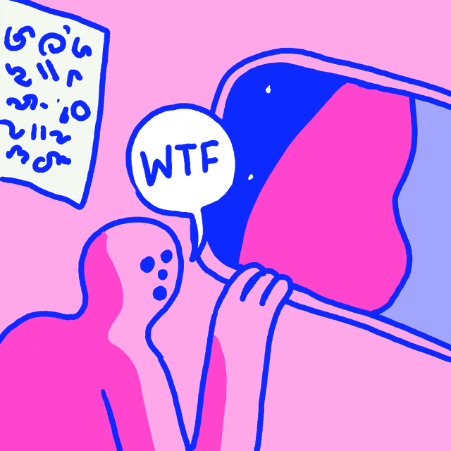 Digital art gif. Colored with a bubblegum pink, royal blue, and lavender palette, an alien looks through a spaceship window at an earth that rapidly fades out of view into the blue sky. The alien says, "WTF," which appears as text in a speech bubble.