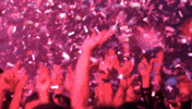 Video gif. Hands reach up in the air at a nightclub as confetti flies down around them.
