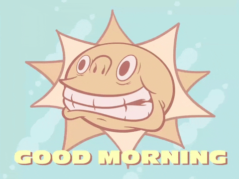 Digital illustration gif. The detailed face of the sun looking very awake as it makes a big toothy grin and looks off with an intense wide-eyed happy or dazed expression. Clouds fall in a diagonal direction behind the sun like its rising fast. Text, "Good morning."