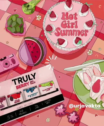 Načítající se animovaný gif s piknikovou dekou plnou narozeninových dobrot a dortem s nápisem "Hot girl summer".
