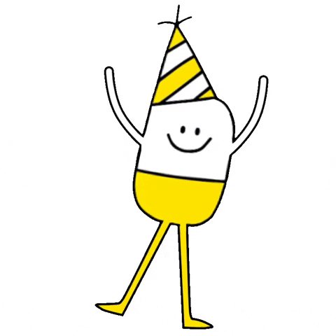 Kreslený gif s tancující postavičkou ve tvaru sklenice na šampaňské s narozeninovou čepičkou a smějícím se obličejem.