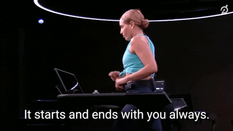 Video gif. Jess Sims, Peloton Instructor, walks on a Peloton treadmill facing off screen as she says, "It starts and ends with you always." 