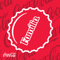 Sponsored gif. An illustration of a red Coca-Cola bottle cap with the word "familia" spins and shines, as if a light is hitting it. Many Coca-Cola logos float by in the background. 