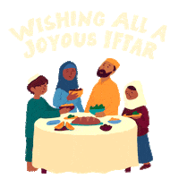Digital art gif. Illustration of a Muslim family, the men wearing caps and the women wearing head coverings, standing around a table exchanging food. Text, "Wishing all a joyous Iftar."
