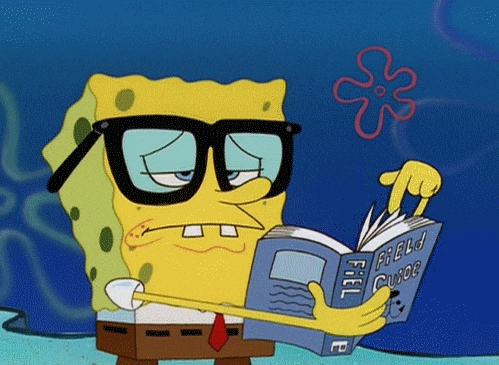 News MEI - Edição 15 - GIF do personagem Bob Esponja usando óculos de grau e folhando um livro.