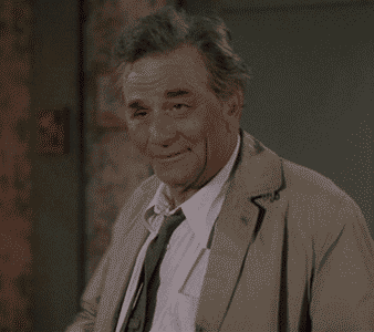 TV gif. Peter Falk as Detective Colombo. He smiles at us knowingly and raises his hand to his head, tipping us farewell.