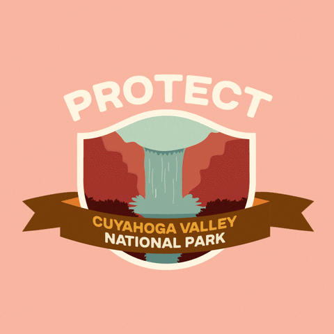 Digital art gif. Inside a shield insignia is a cartoon image of a rushing blue waterfall amid red rock cliffs. Text above the shield reads, "protect." Text inside a ribbon overlaid over the shield reads, "Cuyahoga valley National Park," against a pale pink backdrop.