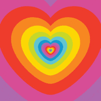 Digital art gif. A rainbow of hearts zooms in towards us like we're moving through a disorienting tunnel. 