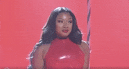 SNL gif. Megan Thee Stallion wears a red leather top and she cutely strikes a pose while looking to the side and grinning.