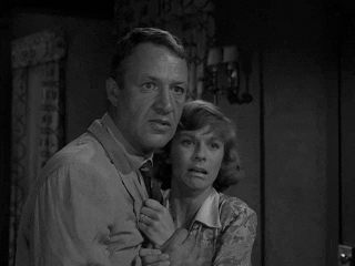 TV gif. Three black and white clips from the Twilight Zone of the cast looking scared. Women scream and raise their arms to cover their faces, the fear on everyone's faces is palpable.