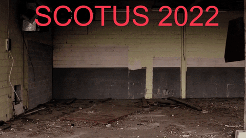 Politics gif. We are close up on a desolate, worn down room that slowly zooms out to reveal the entire building, its wall missing allowing us to see a grid-like view of all the empty rooms. The text "SCOTUS 2022" is in bold red at the top of the screen. The words "Abolish Roe: Access to abortion and contraceptive" appear in white and grow smaller, keeping within the bounds of the room we started in. The words "Then what?" flash inside different rooms, eventually appearing in each one surrounding the room we started in.