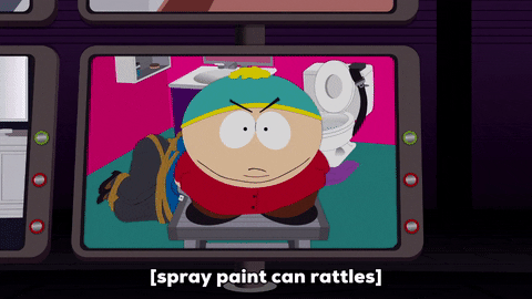 South Park gif. Security camera monitor screen shows Cartman shaking up a can of spray paint and then spraying over the lens of the camera.
