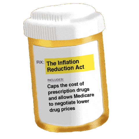 Digital art gif. Orange prescription bottle with a white cap shakes against a transparent background. Text on the label reads, “Rx: The Inflation Reduction Act. Includes: Caps the cost of prescription drugs and allows Medicare to negotiate lower drug prices.”