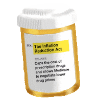 Digital art gif. Orange prescription bottle with a white cap shakes against a transparent background. Text on the label reads, “Rx: The Inflation Reduction Act. Includes: Caps the cost of prescription drugs and allows Medicare to negotiate lower drug prices.”
