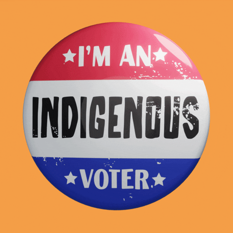 Digital art gif. Red white and blue button pin spins on its axis on an orange background. Text, "I'm an Indigenous voter."