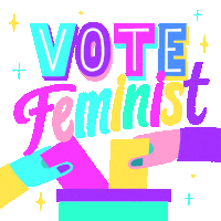 Digital art gif. Two colorful hands drop ballots into a ballot box against a transparent background. Colorful text surrounded by several sparkling stars reads, “Vota Feminista, Vote Feminist.”