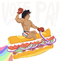 Digital art gif. Musclebound Sylvester Stallone as Rocky rides atop a deli sandwich wearing boxing gloves, holding one fist in the air against a transparent background. Text, “Vote PA!”