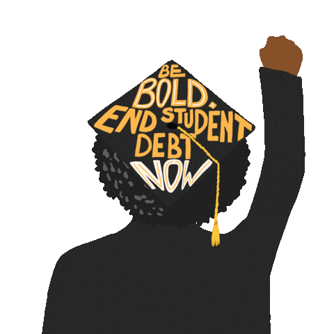 Digital art gif. Animation of a person with their fist raised, cycling through different races and hairstyles, meant to represent several different people. The person is wearing a graduation cap that says, "Be bold. End student debt now."