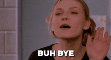Celebrity gif. Kirsten Dunst stares us down while scrunching her hand and bidding us farewell, sarcastically saying, "Buh Bye."