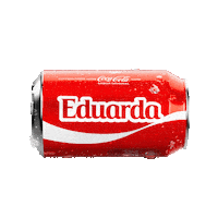 Sponsored gif. A red can of Coca-Cola with the name "Eduarda" drops into frame, pauses, and then drops out of sight. 
