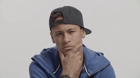 Sports gif. Neymar Jr perches his head in his hand, then scratches his head, squinting.