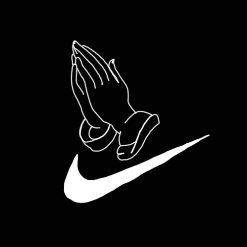 Illustration gif. A line drawing of prayer hands and a Nike swoop.