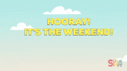 Cartoon gif. Five multicolored dinosaurs gather around to look at us, while text in the center reads "Hooray! It's the weekend!"