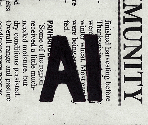 animated gif depicting the word AI written in dark ink, superimposed over typed text, with a no sign being drawn over it.